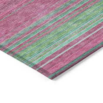 9' X 12' Blush Lime Green And Teal Blue Striped Washable Indoor Outdoor Area Rug