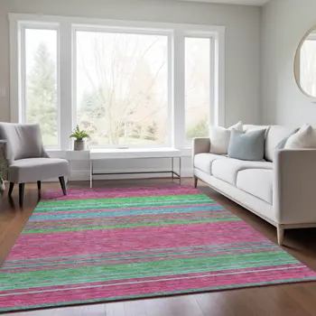 9' X 12' Blush Lime Green And Teal Blue Striped Washable Indoor Outdoor Area Rug