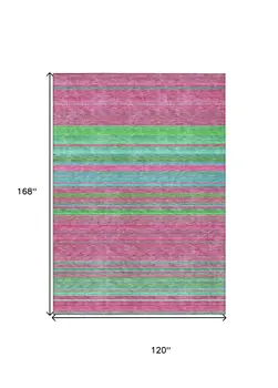 10' X 14' Blush Lime Green And Teal Blue Striped Washable Indoor Outdoor Area Rug
