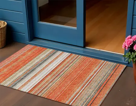 3' X 5' Coral Ivory And Gray Striped Washable Indoor Outdoor Area Rug