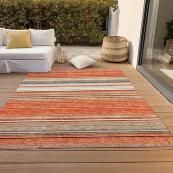 3' X 5' Coral Ivory And Gray Striped Washable Indoor Outdoor Area Rug