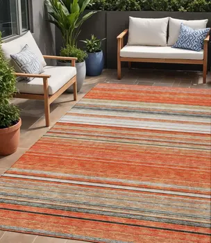 5' X 8' Coral Ivory And Gray Striped Washable Indoor Outdoor Area Rug