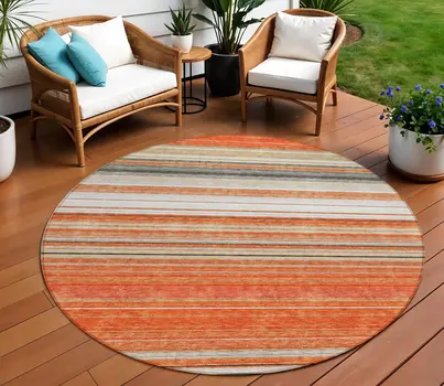 8' Coral Ivory And Gray Round Striped Washable Indoor Outdoor Area Rug