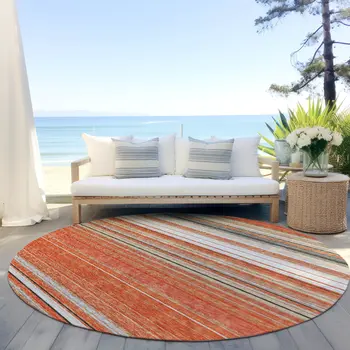 8' Coral Ivory And Gray Round Striped Washable Indoor Outdoor Area Rug
