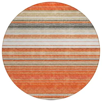 8' Coral Ivory And Gray Round Striped Washable Indoor Outdoor Area Rug