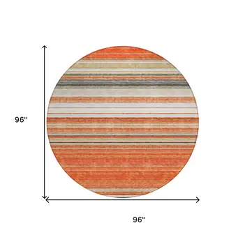 8' Coral Ivory And Gray Round Striped Washable Indoor Outdoor Area Rug