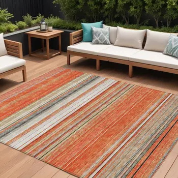 8' X 10' Coral Ivory And Gray Striped Washable Indoor Outdoor Area Rug