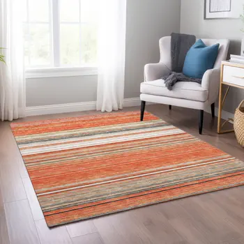 8' X 10' Coral Ivory And Gray Striped Washable Indoor Outdoor Area Rug