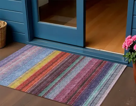 3' X 5' Lavender Blush And Blue Striped Washable Indoor Outdoor Area Rug