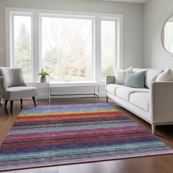 3' X 5' Lavender Blush And Blue Striped Washable Indoor Outdoor Area Rug