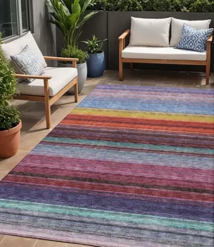 5' X 8' Lavender Blush And Blue Striped Washable Indoor Outdoor Area Rug