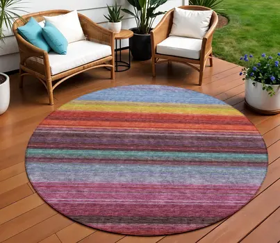 8' Lavender Blush And Blue Round Striped Washable Indoor Outdoor Area Rug