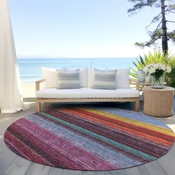 8' Lavender Blush And Blue Round Striped Washable Indoor Outdoor Area Rug