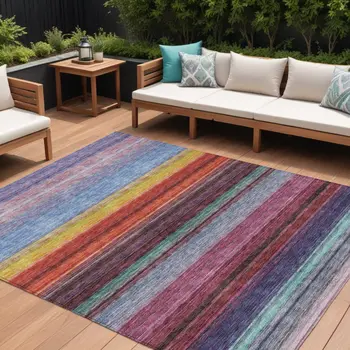 8' X 10' Lavender Blush And Blue Striped Washable Indoor Outdoor Area Rug