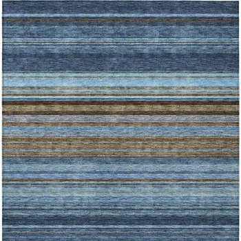 3' X 5' Navy Blue Sky Blue And Taupe Striped Washable Indoor Outdoor Area Rug