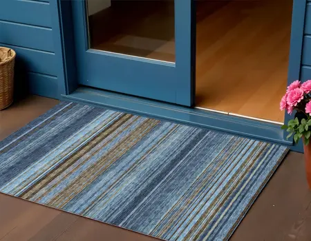 3' X 5' Navy Blue Sky Blue And Taupe Striped Washable Indoor Outdoor Area Rug