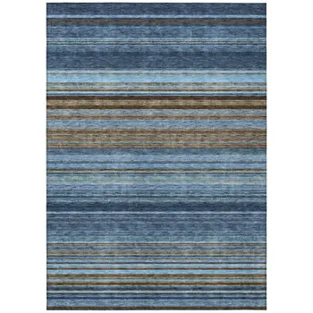 3' X 5' Navy Blue Sky Blue And Taupe Striped Washable Indoor Outdoor Area Rug