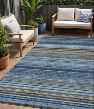 5' X 8' Navy Blue Sky Blue And Taupe Striped Washable Indoor Outdoor Area Rug