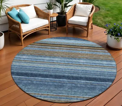 8' Navy Blue Sky Blue And Taupe Round Striped Washable Indoor Outdoor Area Rug