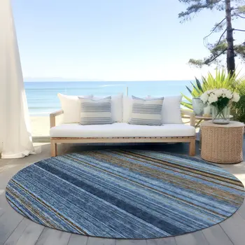 8' Navy Blue Sky Blue And Taupe Round Striped Washable Indoor Outdoor Area Rug