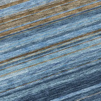 8' Navy Blue Sky Blue And Taupe Round Striped Washable Indoor Outdoor Area Rug