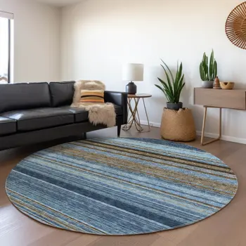 8' Navy Blue Sky Blue And Taupe Round Striped Washable Indoor Outdoor Area Rug