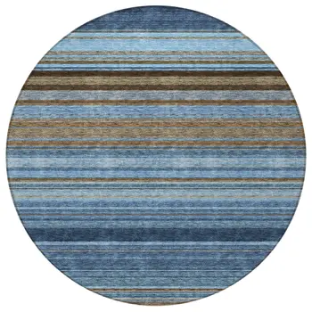 8' Navy Blue Sky Blue And Taupe Round Striped Washable Indoor Outdoor Area Rug