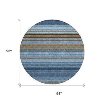 8' Navy Blue Sky Blue And Taupe Round Striped Washable Indoor Outdoor Area Rug