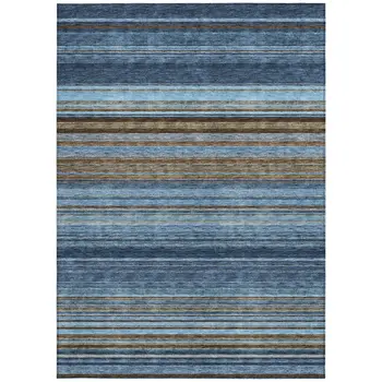 8' X 10' Navy Blue Sky Blue And Taupe Striped Washable Indoor Outdoor Area Rug