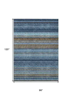 8' X 10' Navy Blue Sky Blue And Taupe Striped Washable Indoor Outdoor Area Rug