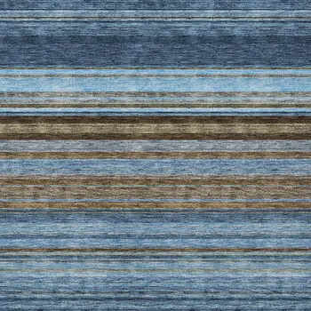 10' X 14' Navy Blue Sky Blue And Taupe Striped Washable Indoor Outdoor Area Rug