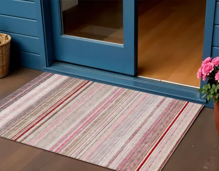 3' X 5' Pink Blush And Burgundy Striped Washable Indoor Outdoor Area Rug