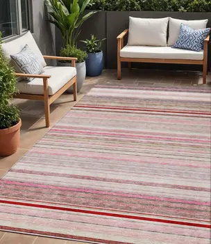 5' X 8' Pink Blush And Burgundy Striped Washable Indoor Outdoor Area Rug
