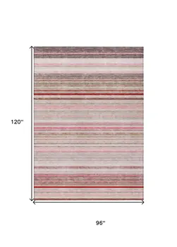 8' X 10' Pink Blush And Burgundy Striped Washable Indoor Outdoor Area Rug