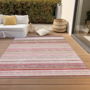 8' X 10' Pink Blush And Burgundy Striped Washable Indoor Outdoor Area Rug
