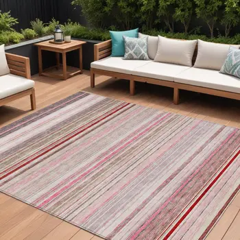 10' X 14' Pink Blush And Burgundy Striped Washable Indoor Outdoor Area Rug