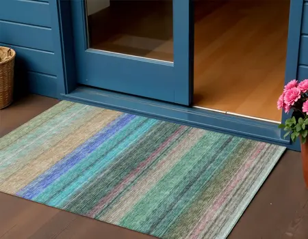 3' X 5' Sage Teal Blue And Tan Striped Washable Indoor Outdoor Area Rug