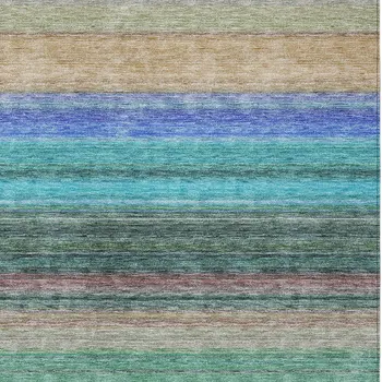 3' X 5' Sage Teal Blue And Tan Striped Washable Indoor Outdoor Area Rug