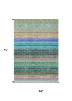 5' X 8' Sage Teal Blue And Tan Striped Washable Indoor Outdoor Area Rug
