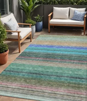 5' X 8' Sage Teal Blue And Tan Striped Washable Indoor Outdoor Area Rug
