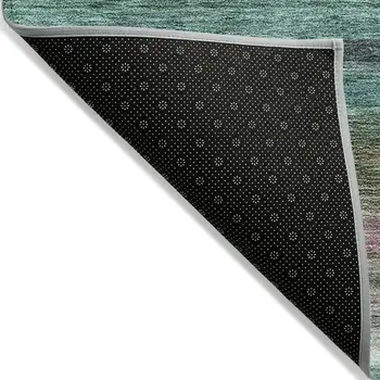 5' X 8' Sage Teal Blue And Tan Striped Washable Indoor Outdoor Area Rug