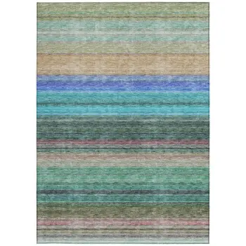 5' X 8' Sage Teal Blue And Tan Striped Washable Indoor Outdoor Area Rug