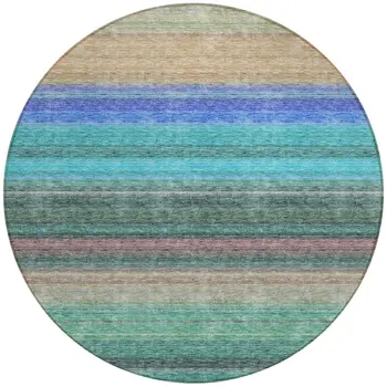 8' Sage Teal Blue And Tan Round Striped Washable Indoor Outdoor Area Rug