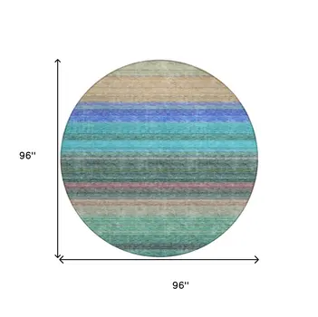 8' Sage Teal Blue And Tan Round Striped Washable Indoor Outdoor Area Rug