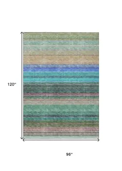 8' X 10' Sage Teal Blue And Tan Striped Washable Indoor Outdoor Area Rug