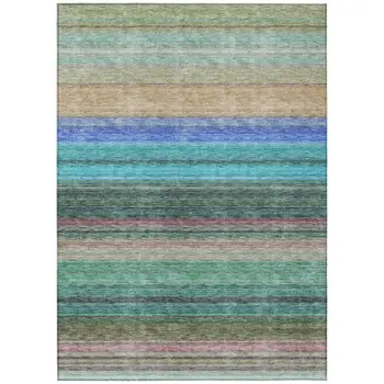 8' X 10' Sage Teal Blue And Tan Striped Washable Indoor Outdoor Area Rug