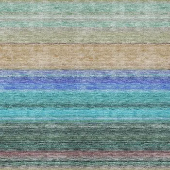 8' X 10' Sage Teal Blue And Tan Striped Washable Indoor Outdoor Area Rug