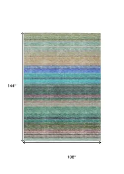 9' X 12' Sage Teal Blue And Tan Striped Washable Indoor Outdoor Area Rug