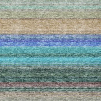 9' X 12' Sage Teal Blue And Tan Striped Washable Indoor Outdoor Area Rug