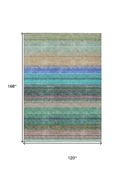 10' X 14' Sage Teal Blue And Tan Striped Washable Indoor Outdoor Area Rug